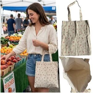 Mephobia Reusable Cotton Canvas Grocery Market Bag Cherry Print Tote Beige